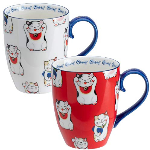 TOKYO design studio Kawaii Lot de 2 tasses rouges et blanches avec anses bleues, diamètre 8,5 cm, hauteur 10,2 cm, 380 ml, porcelaine asiatique, motif chat porte-bonheur japonais, emballage cadeau