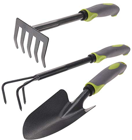 Pro Garden Hochwertiges Gartenwerkzeug Set, 3 teilig, Schaufel Grubber Rechen aus Metall, Gartengeräte Doppelhacke, Blumengabel, Stabil und in Premium Verarbeitung