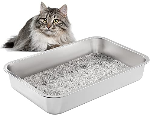 Yangbaga Edelstahl Katzentoilette für Katzen und Kaninchen, Geruchskontrolle Katzenklo in 60*40*10cm, Antihaft leicht zu reinigen, nie verbiegen, rostfrei höhe Seiten rutschfeste Gummifüße (Silber)
