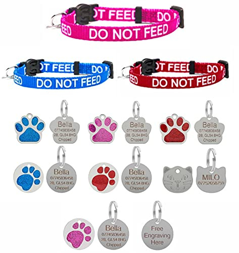 LARRYROO Katzenhalsband mit Aufschrift Do Not Feed in Pink, Rot oder Blau, Sicherheitsverschluss und optional gravierter ID-Anhänger (Rosa, 25 mm silberfarben)