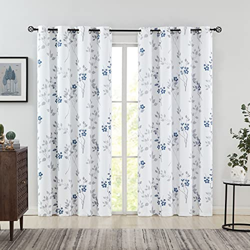 Beauoop Blau Blickdicht Vorhänge Blätter Blumen Muster Vintage Vorhänge mit Ösen Botanisch Themovorhang Verdunkelungsvorhänge für Bauernhaus Wohnzimmer Schlafzimmer 2er Set, 132 x 245 cm (HxB)