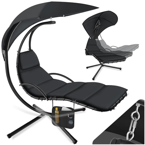 tectake® Hängstol med Stativ, UV-skydd och Sidoficka, Utemöbler Hängstol - Robust Fyrbenskonstruktion, Ergonomisk Liggyta, Gungfunktion, Tvättbar Dyna med Nackkudde, Inom- och Utomhusbruk - Svart