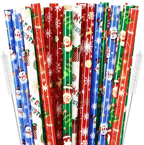JANYUN 30 Pieces Christmas Drinking Straws BPA-Free 9inch Printing Hard Plastic Reusable Straws Xmas Balls Snowflake Elk Straw for Family Party Favors Supplies Cleaning Brush | BPA-Free, 9inch Printing Hard Plastic Reusable Straws, Xmas Balls Snowflake Elk Straw, for Family Party Favors Supplies