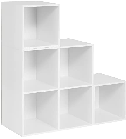 WOLTU Libreria a 6 Scomparti, Scaffale Portaoggetti Autoportante a Scala, Montaggio Flessibile, per Soggiorno, Camera da letto, Ufficio, in Truciolare, Bianco, 90x30x90cm, SK027ws