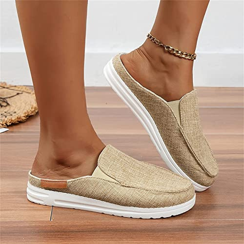 DOIX Zuecos para Caminar Mujer Zapatos de Mula Plana de Verano de Moda 2023 Pantuflas con Punta Cerrada Chanclas Mocasín de Lona Informal Zapatos de Conducción,Beige,US7/EU38