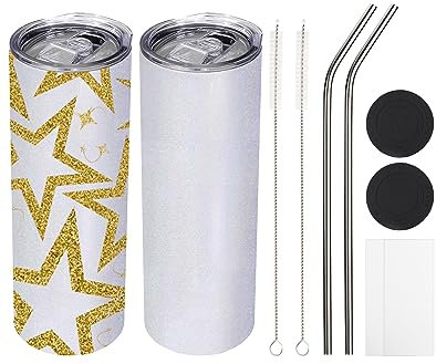 OFFNOVA Lot de 2 gobelets à sublimation à paillettes, blanc arc-en-ciel, gobelet fin et droit avec couvercle et paille, gobelet à sublimation en acier inoxydable, tasse à café vierge de 591 ml