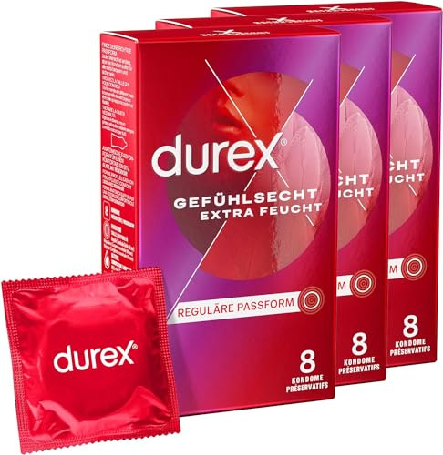 Durex Gefühlsecht Extra Feucht Kondome – Dünne Kondome mit anatomischer Easy-On-Form & mit viel Silikongleitgel befeuchtet – 24er Pack (3 x 8 Stück)