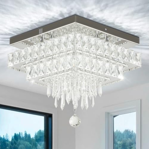 Finktonglan Lustres en cristal Plafonnier LED moderne avec cristal multicouche, lumière blanche 6500 K, plafonnier carré encastré pour salle à manger, chambres, entrée, salon