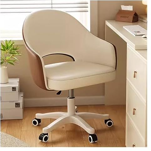 ANram Drehbare Büro-Schreibtischstühle, Akzentstuhl, Verstellbarer PU-Ledersessel mit Rollen, Computer-Arbeitsstuhl mit mittlerer Rückenlehne, Make-up-Ankleidestuhl für kleine Räume (Farbe: Creme)