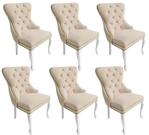 Meble Ares Esszimmerstühle 6er Set Madame - Glamour Stil - Samt Stuhl Esszimmer - Seselstuhl Wohnzimmer, Schminktisch Stuhl - Ankleidezimmer Möbel - Buchenholz, Gesteppt, Beige - Weiß