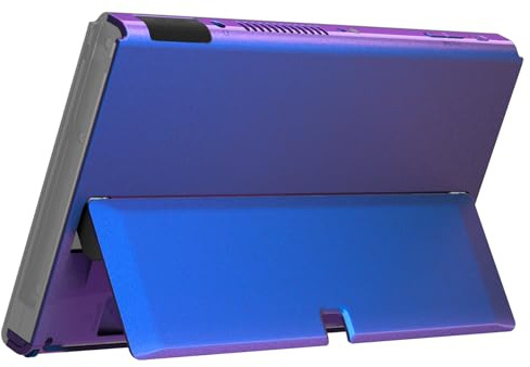 eXtremeRate DIY Console Back Plate Replacement Housing Shell Case with Metal Kickstand for Nintendo Switch OLED Handheld Console– Chameleon Purple Blue [Console and Joycon Without]