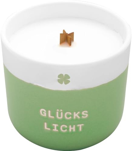 GRUSS & CO Kerze mit Motiv Glückslicht | Kerze in Steinzeug-Becher, Sojawachs, mit Holzdocht, Höhe 7,6 cm, Durchmesser 8,6 cm | Dekoartikel, Geschenk | 73945