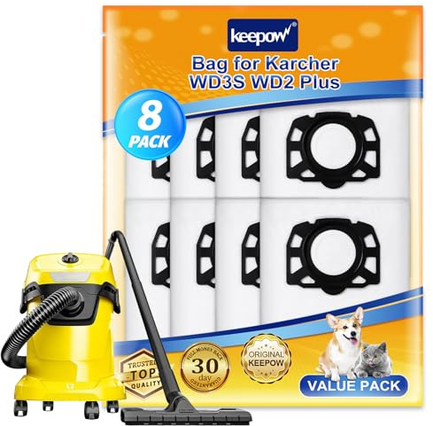 KEEPOW KFI 357 Fleece Vacuum Cleaner Bags, 8 Pack, for Karcher | Compatible with Karcher WD3 S, KWD 1-3, MV 3, SE4001, SE4002, Wet and Dry Vacuum Cleaner Replacement