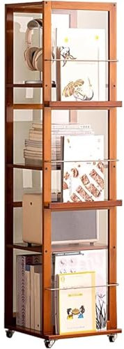 BESTXH Drehbarer Bücherregalturm, Bambus Drehbares Bücherregal mit Universalrad, Bücher- und Zeitschriftenregal Bodenstehend, Bücherregal für Schlafzimmer Wohnzimmer,Braun,4 Tier