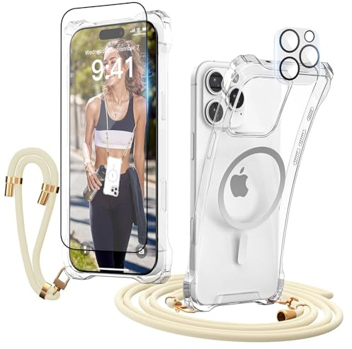GUtttGU Handyband Abnehmbar für iPhone 16 Pro Hülle mit Band, Beige Langes Band zum Umhängen & Kurzkordel für Handgelenk, Transparent Handyhülle Kompatibel mit Magsafe + Schutzfolie + Kameraschutz