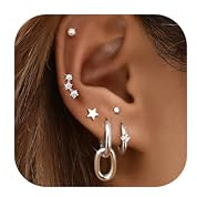 JeweBella 6 Paires Boucles d’Oreilles Pour Femme Tendance Étoile Coeur Zirconium Boucle d’Oreille Argent/Or Empilables Clou d'Oreilles Petites Boucles d’Oreilles Créoles Pour Plusieurs Piercings