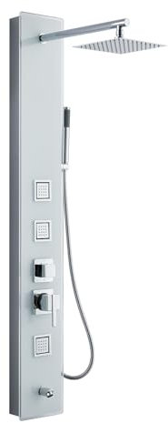 KEOKBON Shower Tower Panel 130cm, Shower Panel Column Tower System with 20 x 20 cm Rainfall, Adjustable Massage Jet, Bathtub Tap, Handspray, White Tempered Glass and 304 Stainless Steel