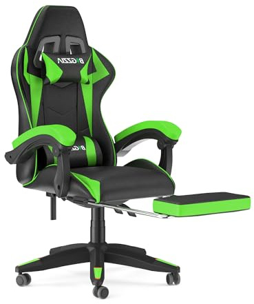 Ergonomic Gaming Chair with Footrest for Adults(With Footrest, Green) | Height Adjustable,Reclining,Headrest,Lumbar Support,Armrests,360°-Swive,PU Leather