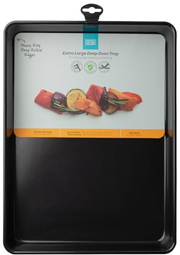 Extra Large Oven Tray with Rolled Edges - Black, Non-Stick Heavy Gauge 0.8mm Carbon Steel, LFGB Certified & 20 Year Guarantee. Perfect for Baking & Roasting. Easy-Clean, Durable & Safe