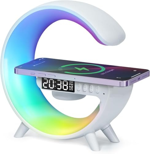 Reloj despertador inteligente con altavoz inalámbrico, iluminación RGB y carga – alimentado por USB, lámpara de mesa LED para despertador en la habitación – Wake-Up-Light, color blanco