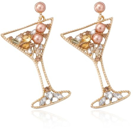 LLDJHYS Margarita Earrings for Women Martini Dangle Earrings Handmade Rhinestone Pearl Champagne Wine Glass Accessories Party Holiday Jewelry Gifts, Zinc, No Gemstone