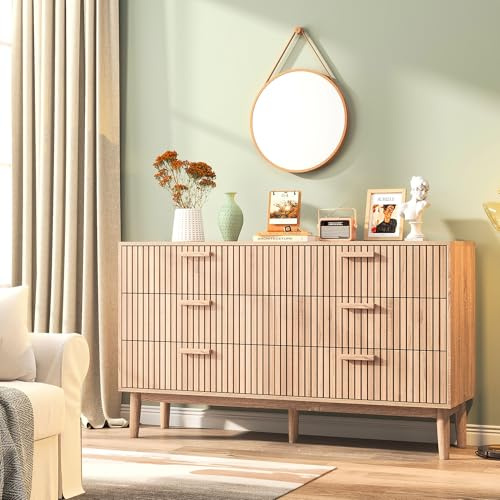 USROCAS Holz Kommode aus Holz mit 6 Schubladen, Sideboard Wohnzimmer, Schlafzimmerkommode, Kommode für Wohnzimmer, Flur, Schlafzimmer, 100 x 34 x 73 cm (Natural)
