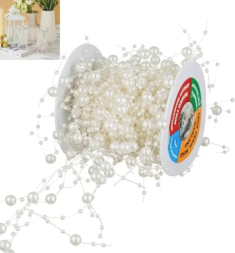 YoungJewl 13Feet Pearl String Spool Roll for Floating Candles Faux Pearls Strands Garland for Vase Filler Wedding Centerpiece Christmas Table Decor (Ivory)