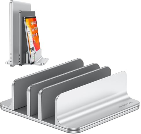 OMOTON Vertikaler Laptop Ständer, Aluminium, 3 Slot, Notebook Ständer | Platzsparend, Verstellbare Breite, für MacBook Pro/Air & andere Laptops (bis zu 17,3), Rundumschutz, Kratzfest, Silber