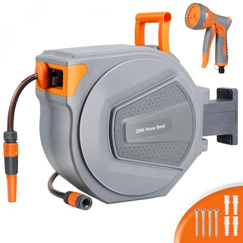Schlauchtrommel mit Gartenschlauch 20m, Schlauchaufroller zur Wandmontage, 180° Schwenkbar & Automatische Aufrollung, Wand Schlauchbox inkl. 9-Funktionen Handbrause, für Bewässerung, Autowäsche