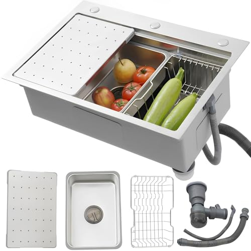 Fregadero Cocina 60x50 cm Acero Inoxidable Cepillado SUS304, Fregadero 1 Seno Encastrable, Fregadero de cocina con Tabla de Cortar, Cubeta Escurridora, Cesta Escurridora, Escurridor de Platos y Sifón