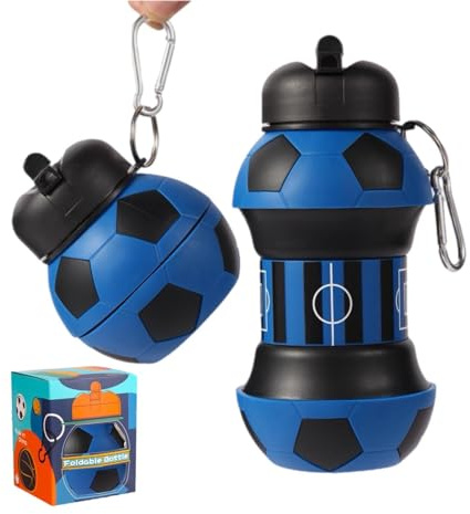 Generico Borraccia bambini,Regalo calcio, Borraccia 500 ml, Regali Pasqua bambini,Oggetti calcio, Regali Pasqua originali,Borraccia silicone resistente ecologica pieghevole(nero e azzurro)