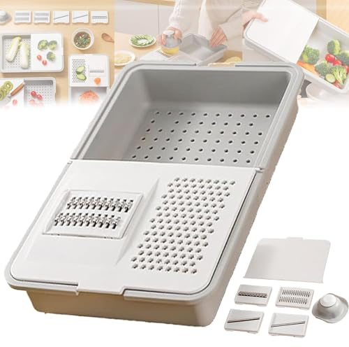 Multifunktionales Reibe- und Abtropfbrett, 6-in-1-Schneidebrett mit Behältern, Deckeln und Reiben, platzsparend, leicht zu reinigen, zum Schneiden, Raspeln und Mahlen (1Set)