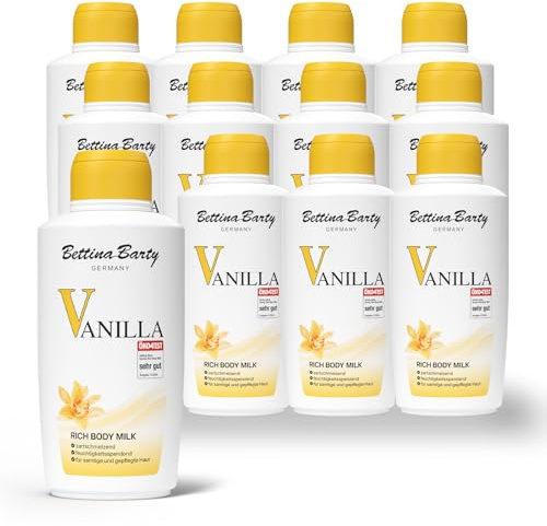 Bettina Barty Vanilla Rich Body Milk 12 x 500 ml – Körpermilch mit Vanilleduft – Feuchtigkeitsspendende Pflege für trockene Haut – Mit schnell einziehender Formel