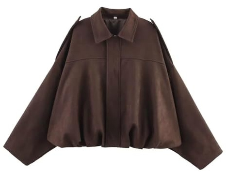 Fummy Wildlederjacke Damen Kurz,Oversized Bomberjacke,Damen Faux Wildleder Bomberjacke,Frühling Revers Pilotenmantel (DE/NL/SE/PL, Alphanumerisch, M, Regular, Regular, Kaffee)