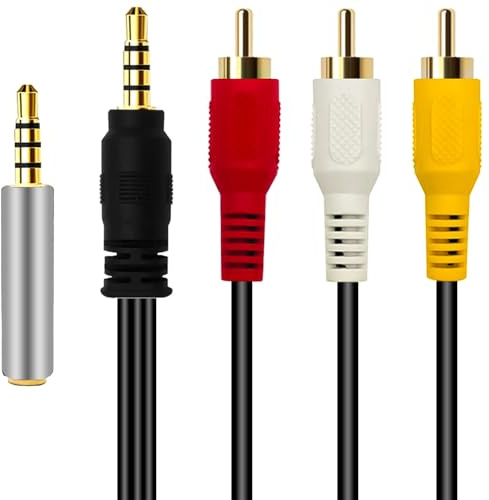TechSide Cavo RCA 1,5 m | Da Maschio a Jack 3.5 mm | Adattatore OMTP/CTIA Incluso | Cavo Audio Video per Videocamere, Convertitori VHS e Grabber