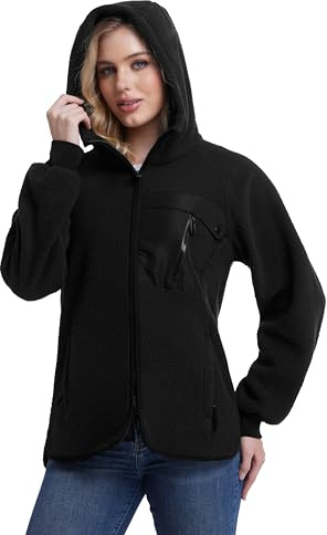 Mnking Chaqueta Polar Mujer Invierno con Capucha Cremallera Sherpa Sudadera Cálido Termica Trabajo Teddy Suéter para Outdoor Correr Trekking Esqui FS5563W-Black-L