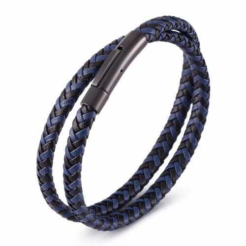 IRTA LONDON Unisex Leather Bracelet - Multi-Layer Braided Wrap with Infinity Knot – Secure Stainless Steel Slide-Lock – Luxury Gothic Biker Jewelry Gift Box Included (Black & Blue, 21, Centimeters)