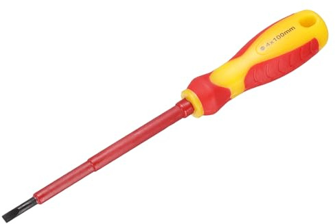 HARFINGTON Tournevis isolé 4 x 100 mm SL4 Tournevis plat à pointe magnétique en acier CR-V avec poignée tampon pour réparations électriques domestiques et industrielles, jaune/rouge