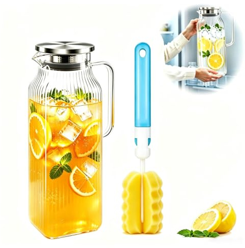 Glaskaraff 2 liter, vattenkaraff med lock, hög borosilikat, tekanna glas med hällpip och sil, vattenkanna kvadratisk karaff glas för kallt varmt vatten iste (vertikala ränder)