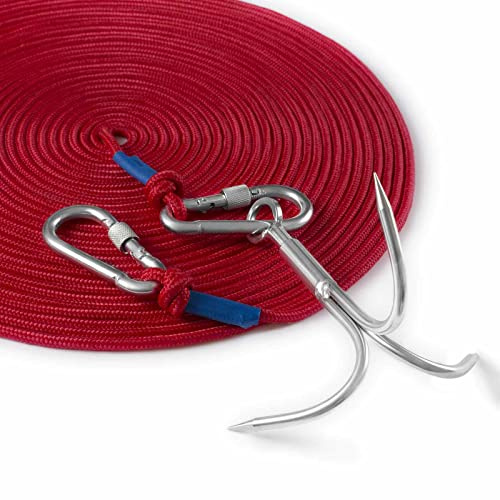 PIOSRTRR Grapple Hook with Rope-Includes Nylon Rope 6mm x 15M,Functional Grappling Hook and Double Carabiner,for Magnet Fishing/Drag/Tree Work