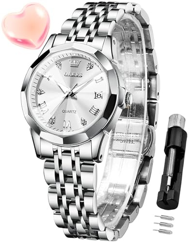 OLEVS Damenuhren Leicht zu lesen Armbanduhr mit Kleines Gesicht Gold Silber Edelstahlband Leuchtend wasserdichte Kalender Luxus Armbanduhr