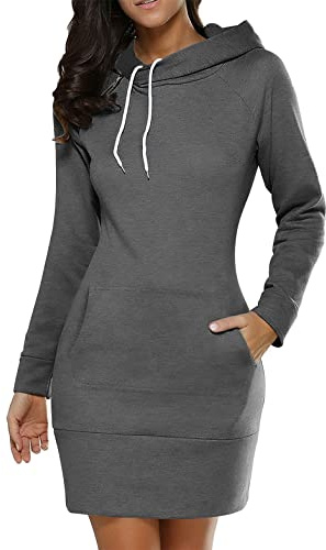 ORANDESIGNE Robe Sweat à Capuche Femme Robe Pull avec Poche Robes Casual Manche Longue Décontracté Chic Uni Mini Robe avec Poche Hoodie Grande Taille Hiver Pullover Long A Gris Foncé XL