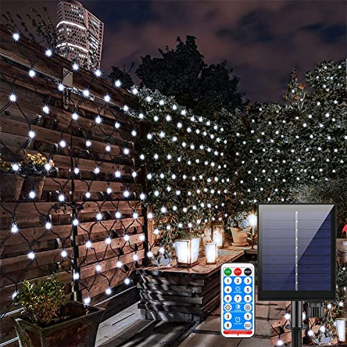 KINGCOO Solar Lichternetz Außen, Wasserfest 1.5x1.5M 96LED Lichterkette Solar Mesh Lichtervorhang Deko Leuchte Fernbedienung 8Modi für Innen Schlafzimmer Weihnachten Garten Party Hochzeit (Weiß)
