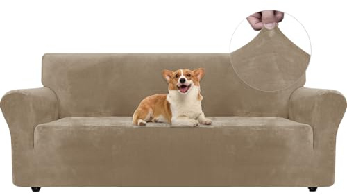 Ystyle Housse de Canapé en Velours, Housse de Canape 3 Places, Housse pour Canapé Extensible, Universelle Sofa Cover avec Accoudoirs, Protection Canapé Chat Chiens Griffures, Camel