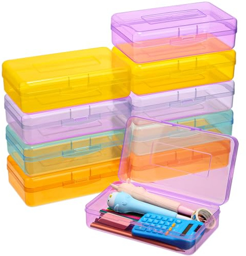 10 Pcs Plastic Pencil Boxes Bulk Clear Large Capacity Pencil Cases with Snap Tight Lid, Crayon Box Storage Organizer Containers for School Office Supplies Student Adult Multi Purpose (Colorful)