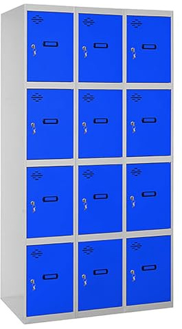 Simon Rack Taquillas Vestuario Metálicas, 3 Módulos 12 Puertas, Incluye Llave, 1800x900x500 mm, Gris/Azul - Simonlocker
