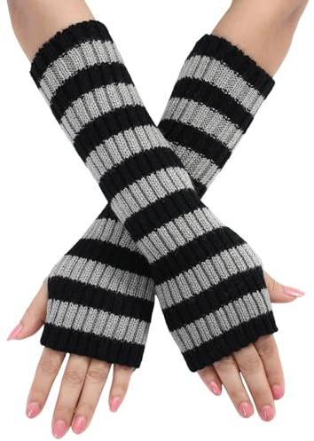 Kielsjajd 1 Paare Damen Lange Fingerlose Handschuhe, Gestreift Stricken Armwärmer für Frauen, Frauen Lange Fingerlose Handschuhe Streifen Fingerlose Armstulpen Handschuhe für Winter
