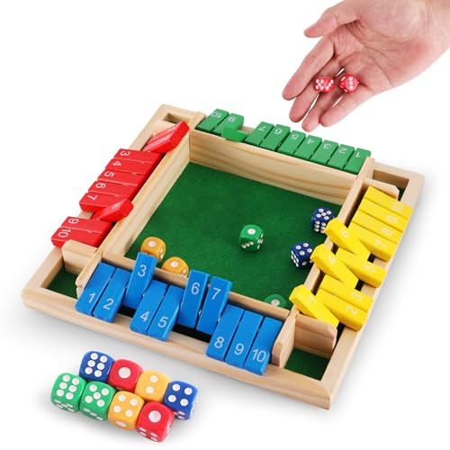 Lineba Shut The Box Dice Game, 4-Players Wooden Board Game with 8 Dices, Family Math Games for Kid and Adult,Perfect Tabletop Game for Classroom,Home,Pub, Camping and Easter Party
