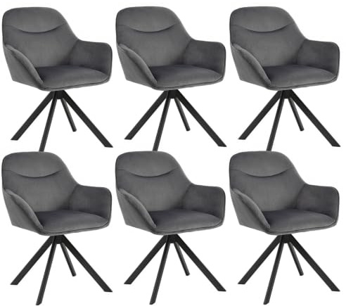 Goeurvant 6er Set Esszimmerstühle Drehbar mit Armlehne, 360° Drehstuhl Polsterstuhl Samt Modern Küchenstuhl mit Metallbeine für Esszimmer, Wohnzimmer, Büro, Dunkelgrau