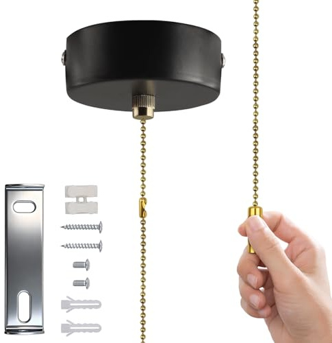 Interruptor de luz de cable de tracción para baño, con kit de cadena de 150 cm, interruptor de cable de tracción de luz de techo para baño, accesorios para lámparas de araña (negro)